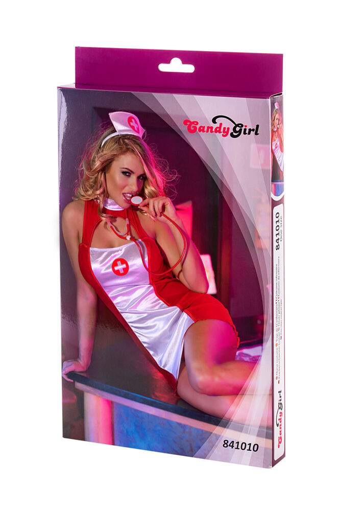 Фото Костюм медсестры Candy Girl (платье, головной убор, стетоскоп), красно-белый, OS