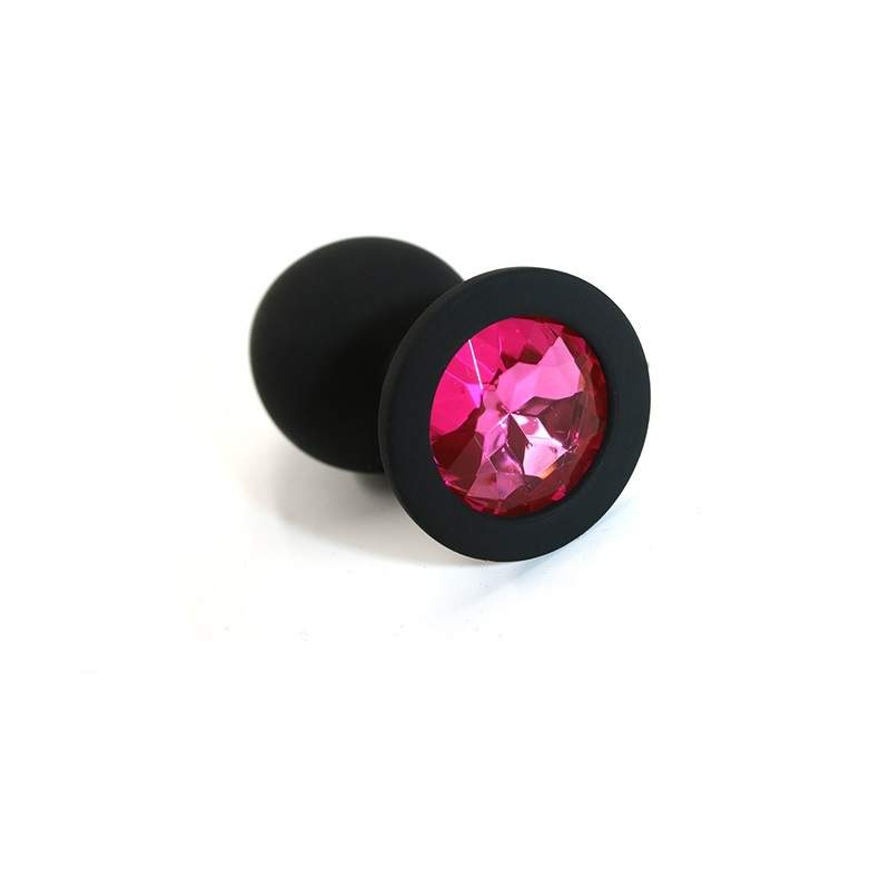 Фото Анальная пробка из черного силикона размер M,вес 46,5 гр, страз круглый темно-розовый