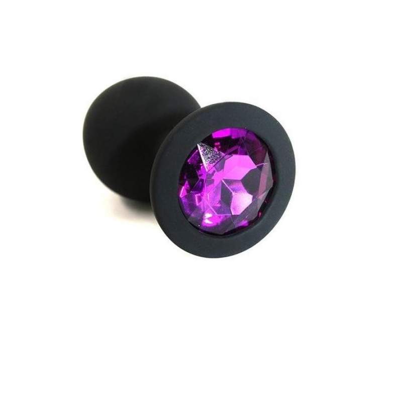 Фото Анальная пробка из черного силикона размер M,вес 46,5 гр, страз круглый темно-фиолетовый
