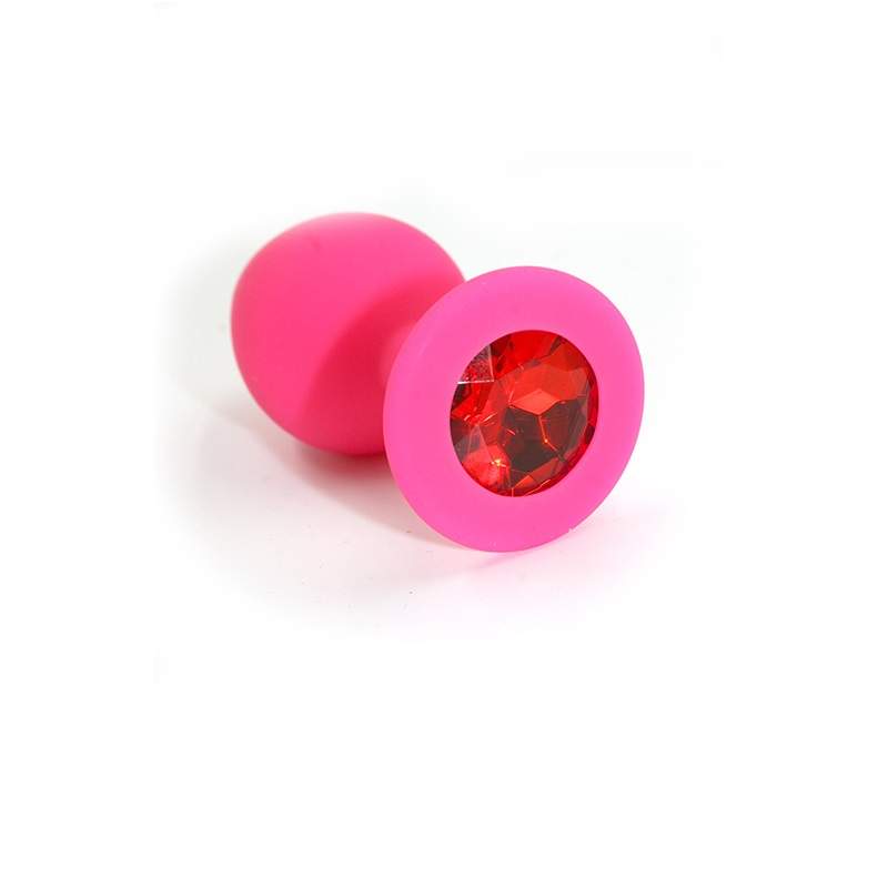 Фото Анальная пробка из розового силикона размер M,вес 46,5 гр, страз круглый красный
