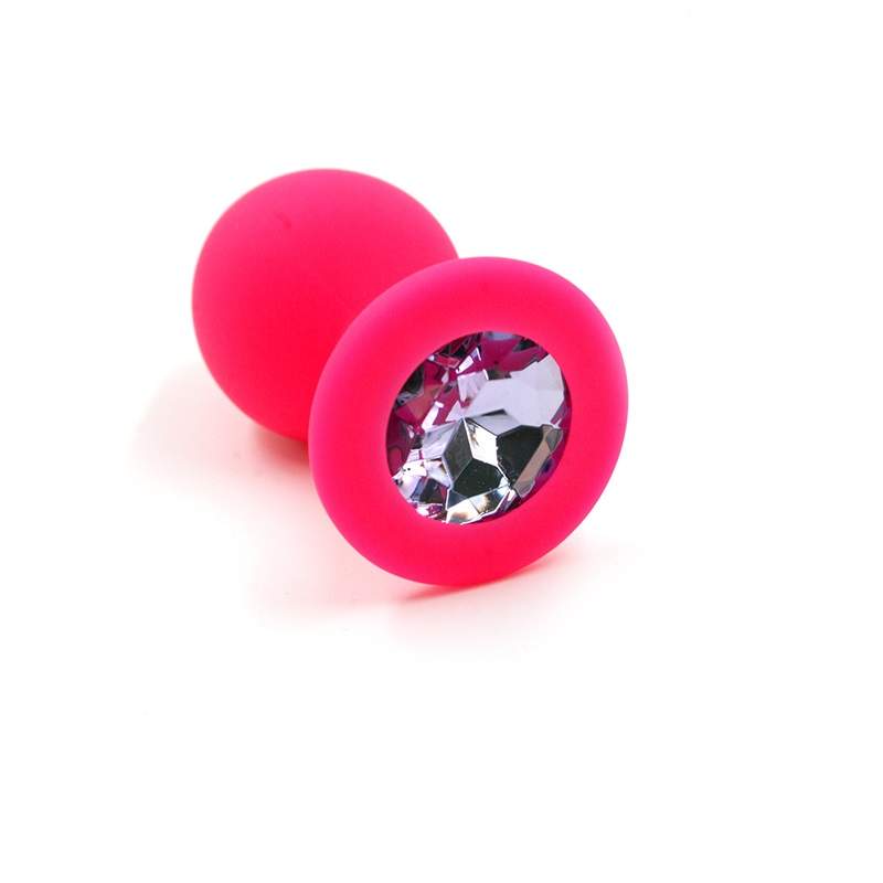 Фото Анальная пробка из розового силикона размер M,вес 46,5 гр, страз круглый светло-розовый