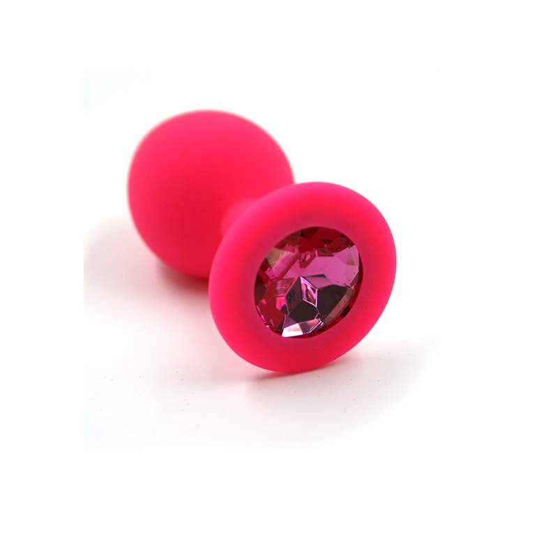 Фото Анальная пробка из розового силикона размер M,вес 46,5 гр, страз круглый темно-розовый
