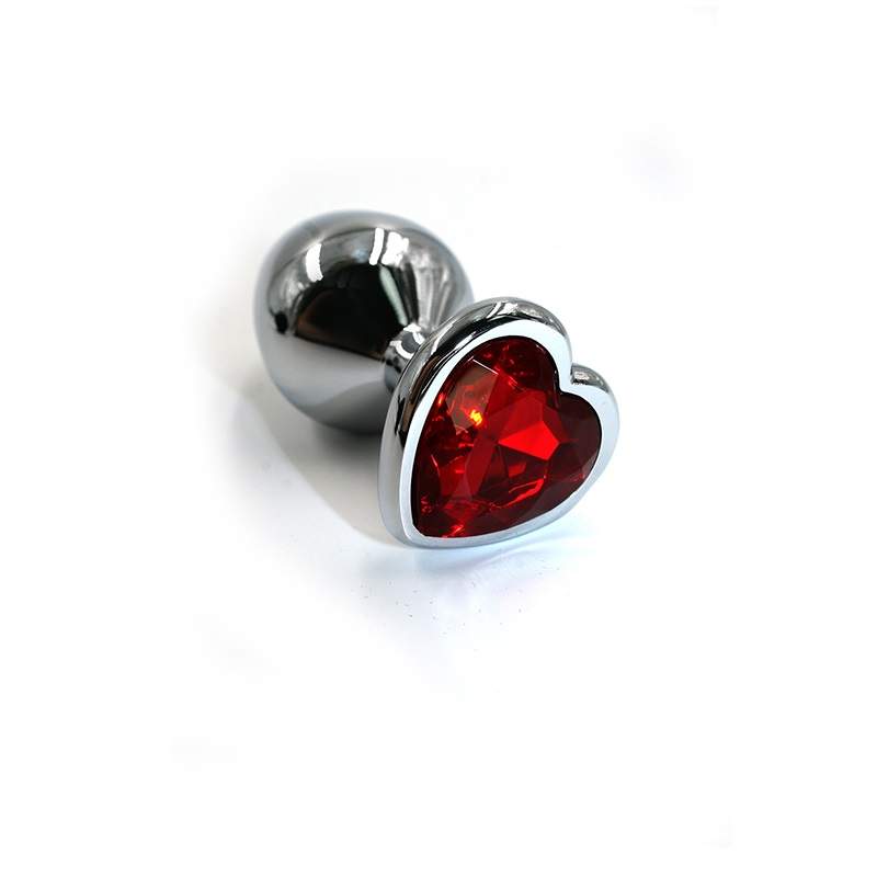 Фото Анальная пробка серебристая из алюминия размер M,вес 93,5 гр, страз ярко-красное сердце