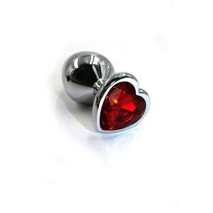 Анальная пробка серебристая из алюминия размер M,вес 93,5 гр, страз ярко-красное сердце