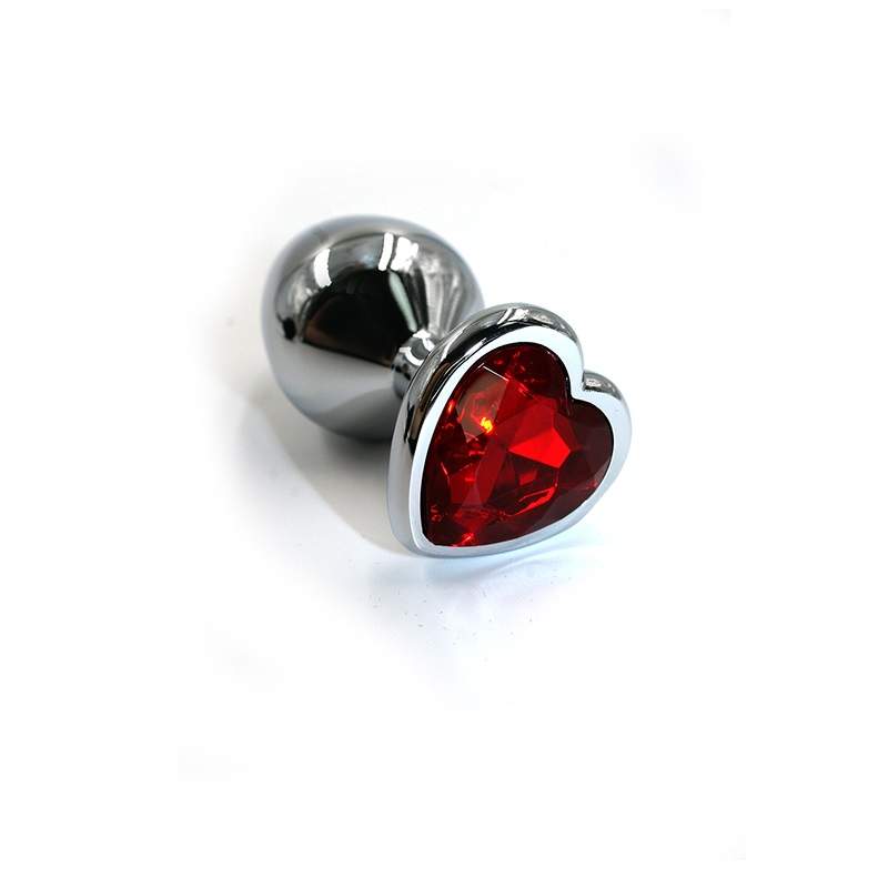 Фото Анальная пробка серебристая из алюминия размер S,вес 53,8 гр, страз ярко-красное сердце