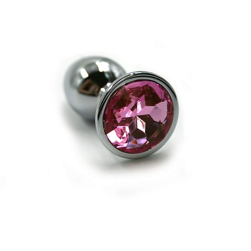 Фото Анальная пробка серебристая из алюминия размер М,вес 82,5 гр, страз круглый светло-розовый
